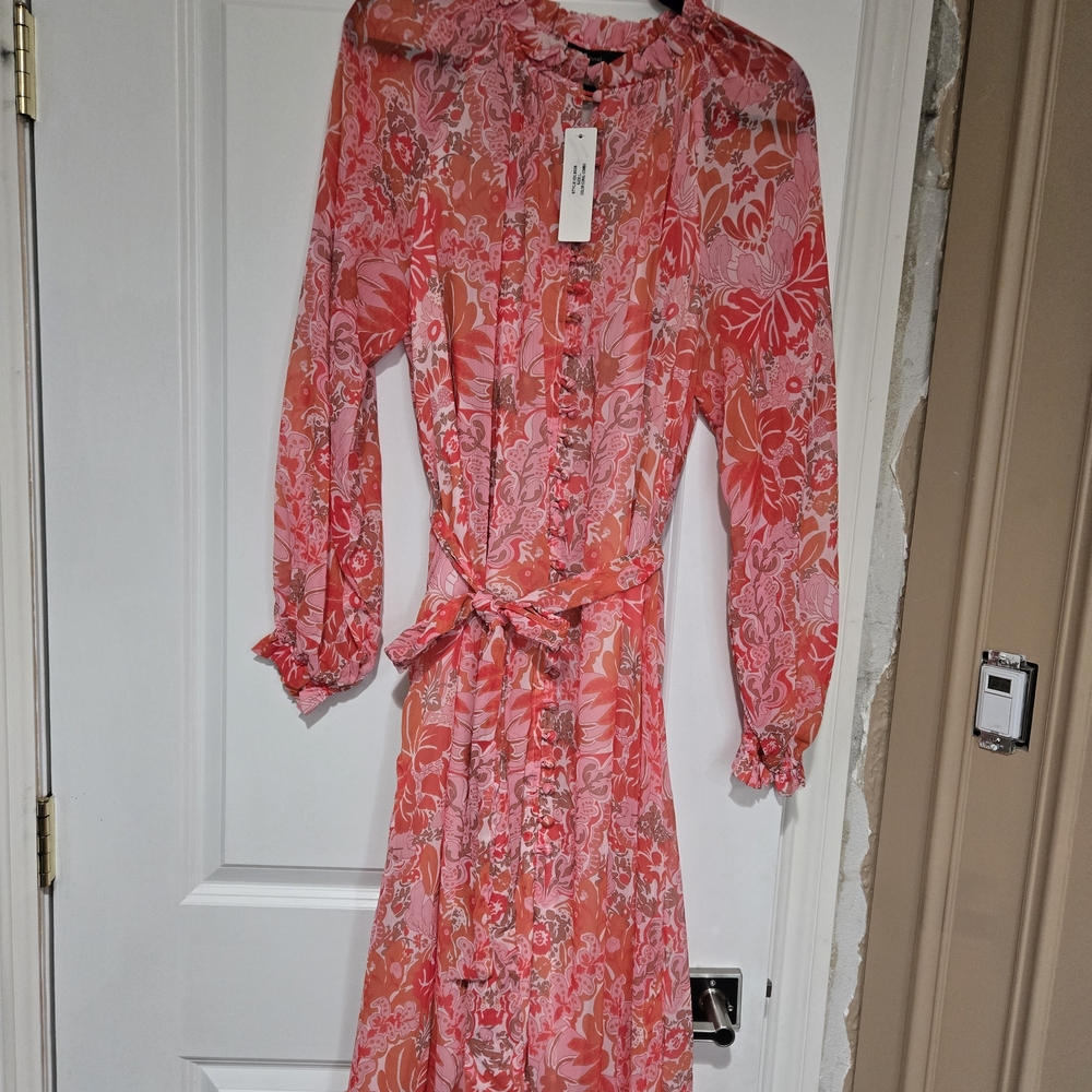 Ina Coral Pink Floral Long Sleeve Tie-Waist Dress